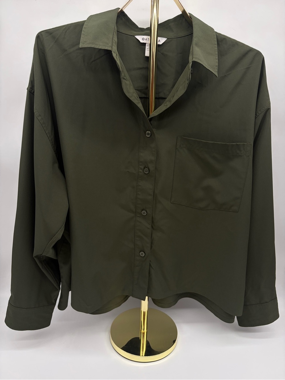 Athleta Cropped Stretch Tech Olive Green Button Up Long Sleeve Shirt Womens 1X